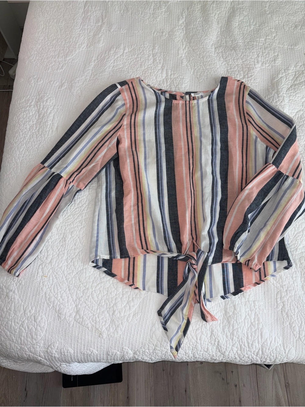 Cotton Striped Tie-Front Long Sleeve Top